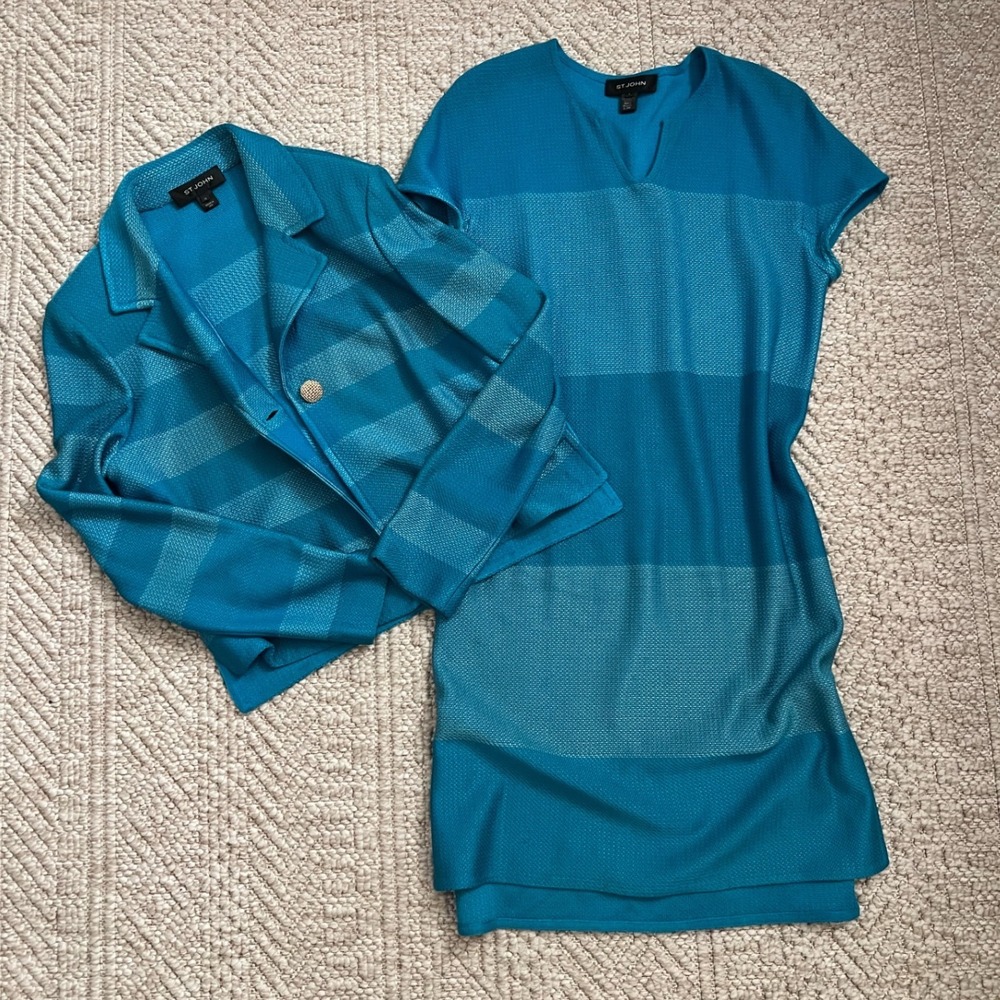 St. John Knit Dress Set Turquoise Blue Striped Jacket and Sheath Dress 8 10